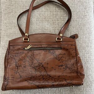 Patricia Nash Riot Leather Tote Signature Map Brown Shoulder Handbag, EUC